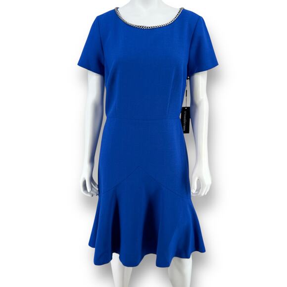 Karl Lagerfeld Chain Trim Ruffle Hem Dress Womens Size 6 Cobalt Blue - Picture 1 of 11